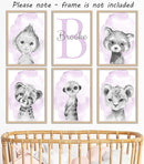 Safari Animals Set of 6 Unframed Poster Prints for Baby Girls Nursery Bedroom Playroom, Personalized Name, Choice of 12 Animals, Pink Purple (8x10) by TinyTreasures Baby Boutique