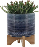 Sagebrook Home Textured Ceramic Planter with Wood Stand, Elevated Indoor/Outdoor Planter, Blue with Gray Dots, 8 L x 8 W x 10 H by GreenHaven Gardens