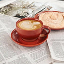 Mora Ceramic Latte Art Mug With Saucer - 10.5 oz, Round Bottom For Perfect Pours - Cafe Cups for Cappuccino, Espresso, Coffee, Tea etc - Porcelain Set for Baristas, Great Gift - Crimson Red by CozyNest Decor