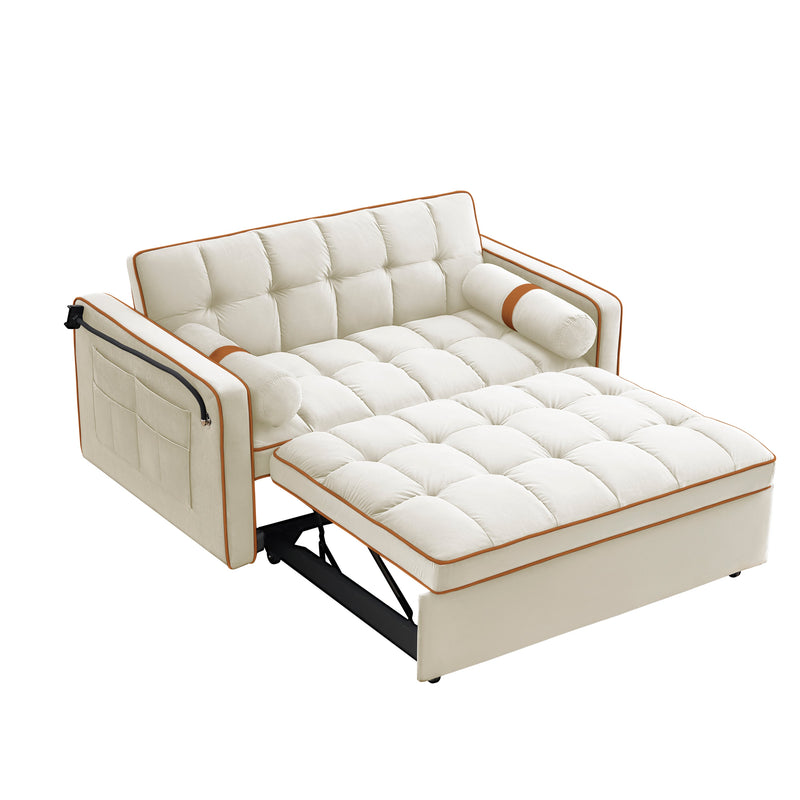 Sleeper Sofa Couch w/Pull Out Bed, 55" Modern Velvet Convertible Sleeper Sofa Bed, Small Love seat Sofa Bed w/Pillows & Side Pockets for Small Space, Living Room, Apartment,Beige
