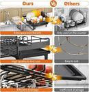 Extendable Dish Drying Rack, Multifunction Dish Rack for Kitchen Counter, Expandable Dish Drainer Over Sink, Large Dish Strainer with Cups Holder, 1 Tier Black