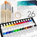 CHROMATEK Watercolor Paint Set - 62 Piece Kit - Video Tutorial Course - For Adults, Beginner & Professional Artists - 26 Tubes (12ml), Sketch Pad, 8 Painting Brushes, Aquapen, Palette, Masking Tape by TinyTreasures Baby Boutique