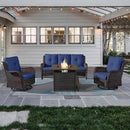 Outdoor Patio Furniture Set with 50000BTU Propane Fire Pit Table, 4 Pieces Wicker Patio Conversation Set with 2 Swivel Rocker Glider Chairs Rattan Sofa Blue Cushion Perfect for Gathering by GreenHaven Gardens