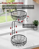 Fruit Basket for Kitchen Counter - 2-Tier Large Capacity Fruit Bowl with Detachable Banana Hanger, Rust-Proof Metal Fruit Holder for Vegetables, Bread, Toiletry,10" D x 10" W x 14" H, Black by CozyNest Decor
