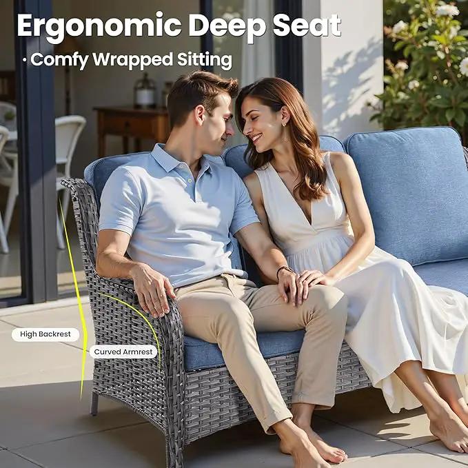 ovios 5 Pieces Patio Furniture Set with 42" Fire Pit Table, Outdoor Wicker Sofa with Loveseat, Comfy Cushions, High Back Couch Conversation Set, Grey Rattan, Denim Blue, photo 2 of 9