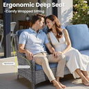 ovios 5 Pieces Patio Furniture Set with 42" Fire Pit Table, Outdoor Wicker Sofa with Loveseat, Comfy Cushions, High Back Couch Conversation Set, Grey Rattan, Denim Blue by GreenHaven Gardens