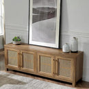 JYED Mid Century Modern TV Stand for TVs up to 75 Inch, with Hollow Metal Mesh Decorated，Boho TV Console with Storage Cabinet,Cable Holes, TV Stand for Living Room, 69.5"x15.6"x24.8", Rustic by CozyNest Decor