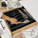 Premium Silverware, Flatware and Utensil Organizer for Kitchen Drawers, Food-Safe Contract Grade, Expandable from 14.5 to 25 In, Black Bamboo by CozyNest Decor