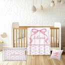 Personalized Baby Girl Crib Bedding Set – Custom Name Pink Bow 3-Piece Nursery Set with Soft Flannel Blanket, Fitted Sheet & Pillowcase – Infant & Toddler Bedding Gift by TinyTreasures Baby Boutique