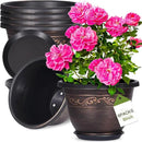 Plastic-Plant-Flower-Planters-8 Inch with Drainage Hole & Saucer, 6 Packs Lightweight Small Resin Flower Pot Indoor Outdoor, Retro Antique Imitation Decorative Garden Containers Sets for Houseplants by CozyNest Decor