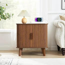 Farmhouse Square End Table with Charging Station, 24" Large Fluted Sofa Side Table with Sliding Tambour Door and Storage, Rustic Curved Wood Nightstand for Living Room, Bedroom, Walnut by CozyNest Decor
