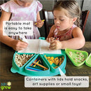 Silicone On-The-Go Snack Mat – Foldable Reusable Placemat with 3 Compartments and Lids – Travel-Friendly Baby and Toddler Snack Plate – Dishwasher Safe (Aqua) by TinyTreasures Baby Boutique