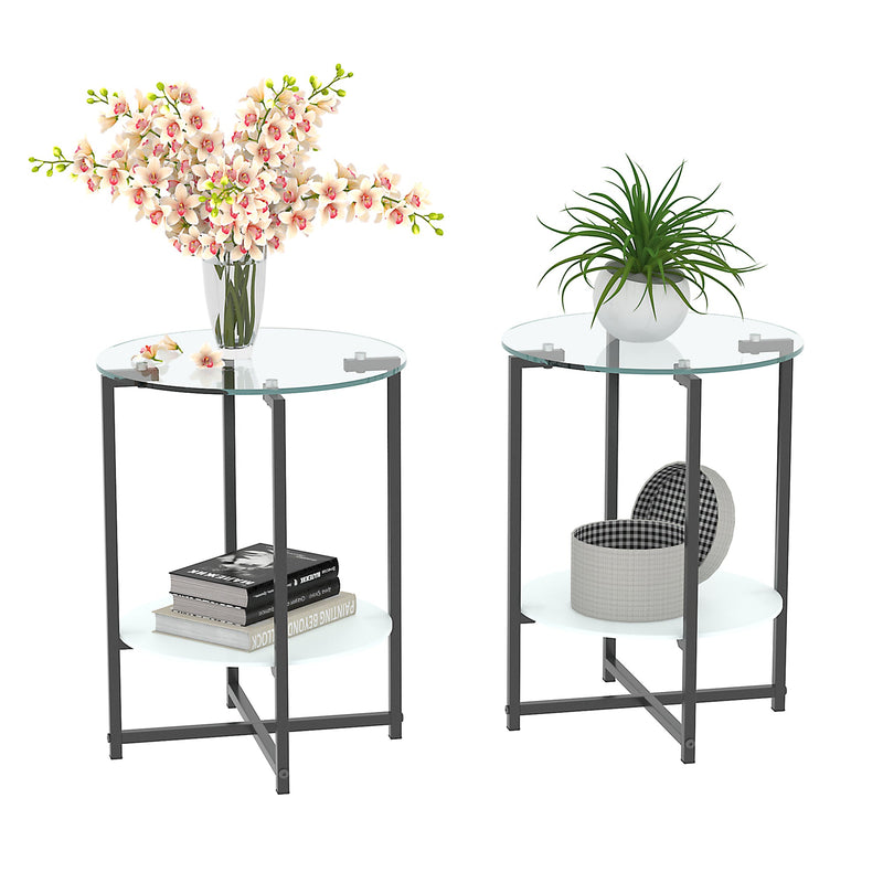 2-piece set (Clear) Tempered Glass End Table, Round Coffee Table for Bedroom Living Room Office