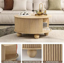 Round Coffee Table with Storage,Fluted Lift Up Coffee Table with Sliding Door,31.5" Drum Center Table with Bun Feet for Living Room,Home Small Space,Oak by CozyNest Decor