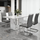 A simple dining table. A dining table with a white marble pattern. 4 PU synthetic leather high backrest cushioned side chairs with C-shaped silver metal legs. DT-SQ-16090-wh