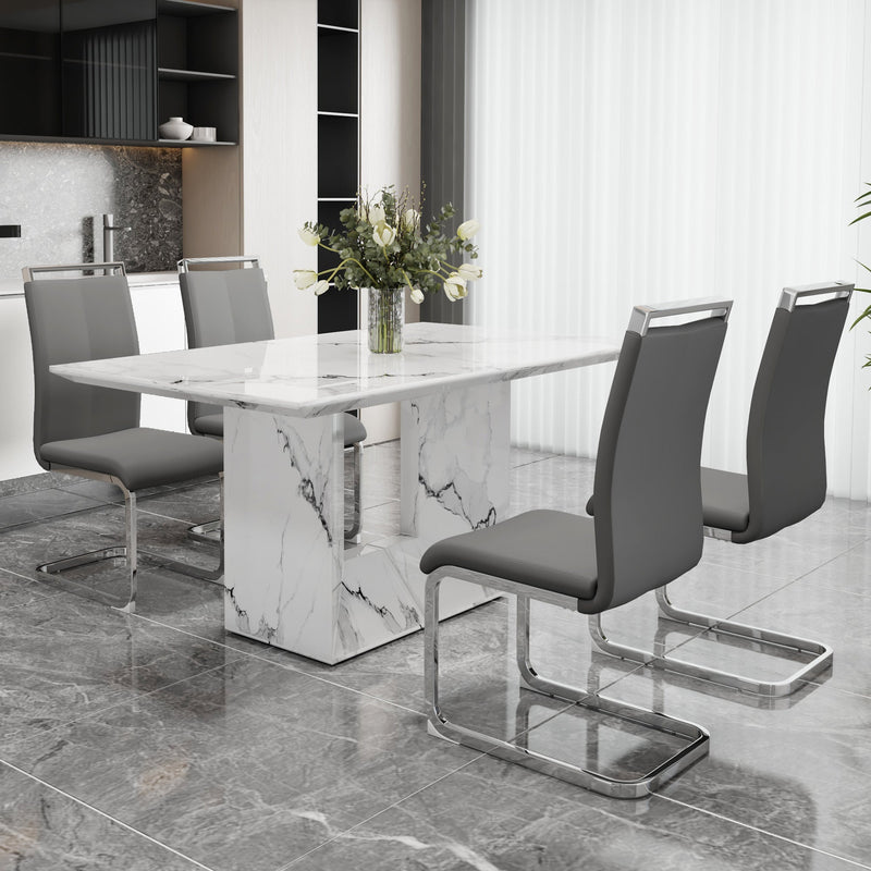 A simple dining table. A dining table with a white marble pattern. 4 PU synthetic leather high backrest cushioned side chairs with C-shaped silver metal legs. DT-SQ-16090-wh