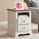 T4TREAM Nightstand with Charging Station, 18 Inch Vintage End Table with 2 Drawers, Wood Rustic Sofa Side Table with Open Storage Shelf for Bedroom, Living Room, Antique White by CozyNest Decor