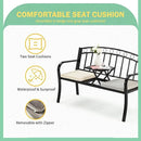 AVAWING Outdoor Metal Garden Bench, 2-Seat Patio Porch Bench with Steel Frame, Park Bench w/Pullout Middle Table＆ Cushion for Backyard Lawn Deck Entryway, Black by CozyNest Decor