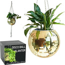 SCANDINORDICA Disco Ball Planter – Value Package: Mirror Disco Planter with Chain, Macrame Hanger and Acrylic Stand for Desk, Includes Self Watering Pot, Plant Accessories | 10 inch Gold by GreenHaven Gardens