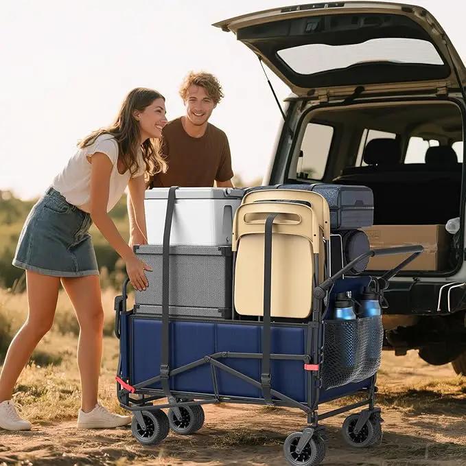 LEVELEVE Heavy Duty Folding Wagon - 2-in-1 Collapsible Cart, 650lb Capacity, All-Terrain Wheels w/Brakes & Side Pockets (Blue), photo 9 of 9