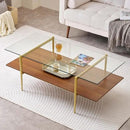 X-Large Rectangle Glass Coffee Table, Mid-Century Modern Design, for Living Room, L47 x W24 x H17 Inch, Clear Glass Top and Walnut MDF Shelf, Sleek Conical Legs with Gold Finish Frame by CozyNest Decor