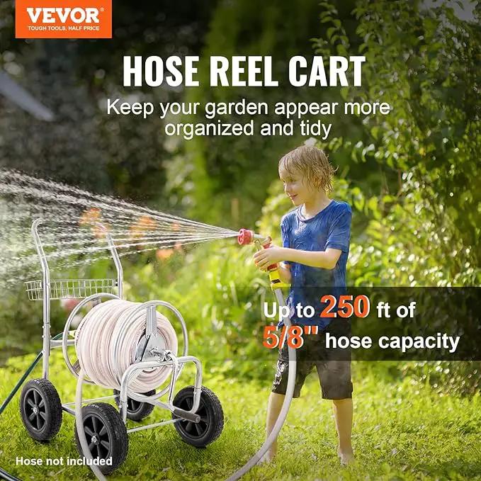 VEVOR Hose Reel Cart, Hold Up to 250 ft of 5/8’’ Hose, Garden Water Hose Carts Mobile Tools with 4 Wheels, Heavy Duty Powder-coated Steel Outdoor Planting with Storage Basket, for Garden, Yard, Lawn, photo 2 of 9