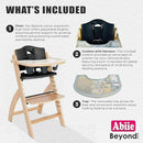 Abiie Beyond Junior Wooden High Chair with Tray - Adjustable and Convertible High Chair for Babies and Toddlers - 6 Months to 250 Lb - Water Resistant - Natural Wood with Black Pearl Cushion by TinyTreasures Baby Boutique