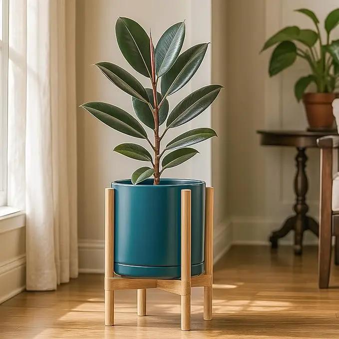 D'vine Dev Ceramic Planter with Natural Stand - 12 Inch Modern Round Flower Pot with Wood Planter Holder, Teal, 55-B-J-4, photo 2 of 7