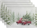 Red Truck Christmas Placemats Set of 4, 12x18 Inch Green Pine Tree Snow Xmas Table Mats Seasonal Rustic Farmhouse Linen Fabric Place Mats for Winter Holiday Party Kitchen Dining Decor by CozyNest Decor
