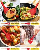 Pack of 4 Silicone Cooking Utensils Set, Non Stick Solid Spatulas and Heat Resistant Slotted Spoons with Wooden Handle, Ideal Wood Kitchen Utensils Set for Frying,Serving,Turning,Stirring (RED) by CozyNest Decor