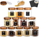 Yangbaga 12Pcs Glass Spice Jars with Labels-8oz Acacia Wood Lid Square Spice Containers,Seasoning Jars for Rack Cabinet Drawer,KitchenPantry Daily Use by CozyNest Decor
