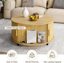 Round Coffee Table with Storage, 31.5" Modern Coffee Table with 360° Curved Sliding Door, Fluted Wood Accent Coffee Table with Adjustable Footpads, Round Center Table for Living Room, Oak by CozyNest Decor