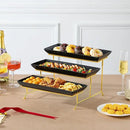 MALACASA 3 Tier Serving Trays for Party, 14 Inch Porcelain Black Trays for Serving Food, Dessert Stand with Collapsible Gold Metal Rack by CozyNest Decor