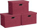Large 17" 36 Quart Collapsible Stackable Storage Bins with Lids, 3 Packs Bright Red Linen Fabric Closet Boxes with Lids, Storage Cube Baskets Container Organizers for Office (17x12x11) by CozyNest Decor