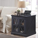 JXQTLINGMU Farmhouse End Table, 24" Large Sofa Side Table with Charging Station, Mesh Barn Door, and Adjustable Storage Shelf, Rustic Wood Square Nightstand for Living Room, Bedroom, Office, Black by CozyNest Decor