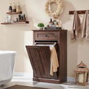 Tilt Out Laundry Hamper Cabinet, 10 Gallon Farmhouse Trash Can Cabinet with Drawer, Hidden Wood Garbage Can Bin Cabinet with Laundry Storage Basket for Bathroom, Kitchen, Brown by CozyNest Decor