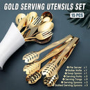 Gold Serving Utensils, OGORI 15-Piece Stainless Steel Gold Serving Utensils Set Include Serving Spoons, Slotted Serving Spoons, Serving Tongs, Serving Forks, Butter Knife, Soup Ladle, Pie Server by CozyNest Decor