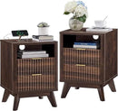 T4TREAM Fluted Nightstand Set of 2 with Charging Station, 18" Modern Side Table, 2 Drawers End Table with Storage, Bedside for Bedroom, Living Room, Curved Profile Design, Dark Walnut by CozyNest Decor