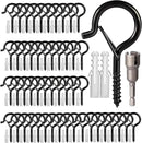 Hooks for Outdoor String Lights, 52 Pack Screw Hooks for Hanging Plants Led Party Lights Garage Wind Chimes, Black Heavy Duty Q Hanger Ceiling with Safety Buckle, Box and Wing Nut Driver by GreenHaven Gardens