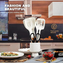 QMVESS Silicone Cooking Utensils Set, Kitchen Utensils Set 7 Pcs with Long Wooden Handle, Food Grade and Heat Resistant Large Silicone Spatula Set for Nonstick Cookware, BPA Free（White） by CozyNest Decor