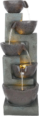 Alpine Corporation TZL390 Elegant Outdoor 5 Tier Bowls Waterfall Fountain with LED Lights for Garden, Patio, Yard, and Outdoor Spaces, Relaxing Cascading Fountain, 39" H, Gray by GreenHaven Gardens