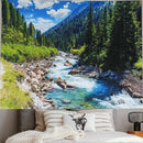Nature Forest Mountain Tapestry Green Pine Tree Stream Tapestry White Clouds Flowing River Valley Landscape Scenery Tapestries Wall Hanging for Bedroom Dorm Living Room Office Classroom 80 x 60 Inch by CozyNest Decor