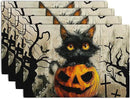 Halloween Black Cat Pumpkin 12x18 Placemats Set of 4 Happy Halloween Bat Branch Linen Table Place Mat Seasonal Fall Washable Heat Resistant Non Slip Table Placemats for Party Kitchen Dining Decor by CozyNest Decor