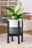 D'vine Dev Ceramic Planter with Ebony Stand - 8 Inch Modern Round Flower Pot with Wood Planter Holder, White/Grey, 55-B-M-6 by CozyNest Decor