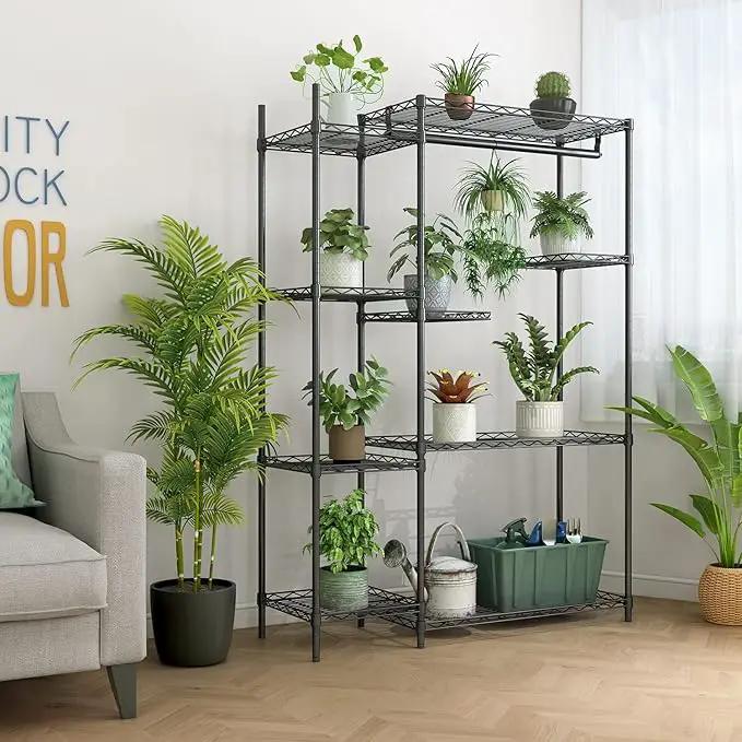 Xiofio Plant Stands for for Indoor Outdoor, Heavy Duty Metal Plant Stand,large Plant Shelf,Adjustable Plant Shelves With Hanging Rod for Living Room,Balcony,Garden,Black, photo 4 of 6