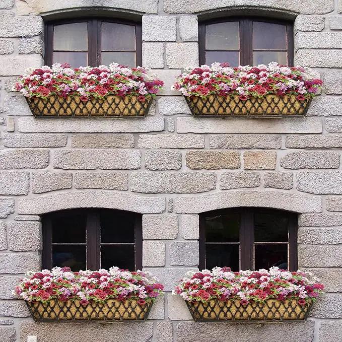 Window Boxes Planters: 2 Pack 24 Inch Railing Planter Box with Adjustable Brackets for Porch Fence Patio Balcony Hanging Flower Baskets with Coco Liners for Outdoor Garden Decor - Bronze, photo 6 of 7
