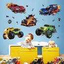 3D Racing Cars Wall Decals - Truck Bursting Through Wall, F1 Racing Cars Wall Stickers for Kids Room Boys Bedroom by CozyNest Decor