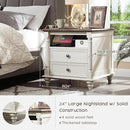 T4TREAM 24'' Farmhouse End Table w/4 Solid Wood Feet, Large 2 Drawers Wide Sofa Side Table with Charging Station, Tall Rustic Wood Square Nightstand for Living Room, Bedroom, Office, Antique White by CozyNest Decor