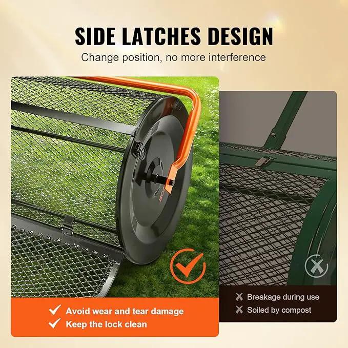 VEVOR Compost Spreader, 24.4-25.6" Height Adjustable Handle, 24" Wide, Lawn and Garden Peat Moss Roller with Side Latches, Powder Coated Steel Mesh Basket for Spreading Manure, Topsoil, Black, photo 4 of 9