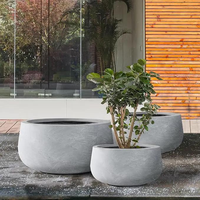 Kante 19.6",15.7",11.8" Dia Round Concrete Planters Set of 3, Cement Plant Pots with Drainage Hole and Rubber Plug for Outdoor Indoor Garden Home, Modern Curvaceous Design, Gray, photo 6 of 8